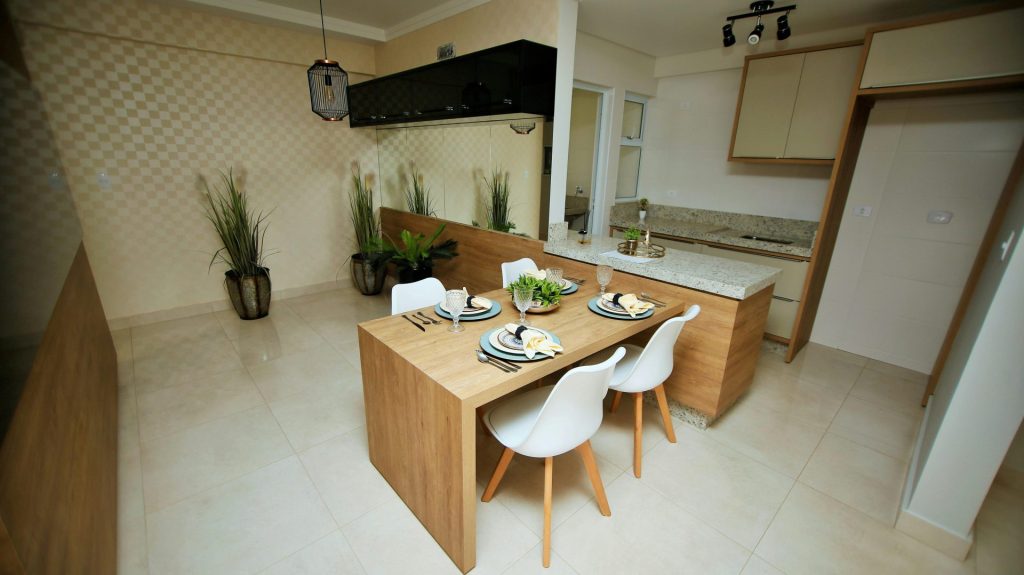 A stylish and elegant dining area featuring contemporary furniture and decor.